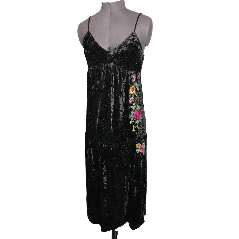 Vtg Y2K black velvet velour babydoll boho grunge slip midi dress XS S B32"